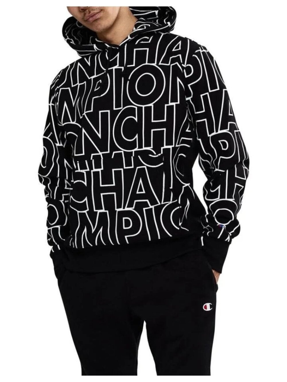 Champion Reverse Weave All Over Print Hoodie Black White size large